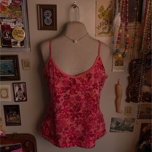 Y2K Floral Print Tank Top Women's Large/XL Hot Pink Built in Bra Fitted